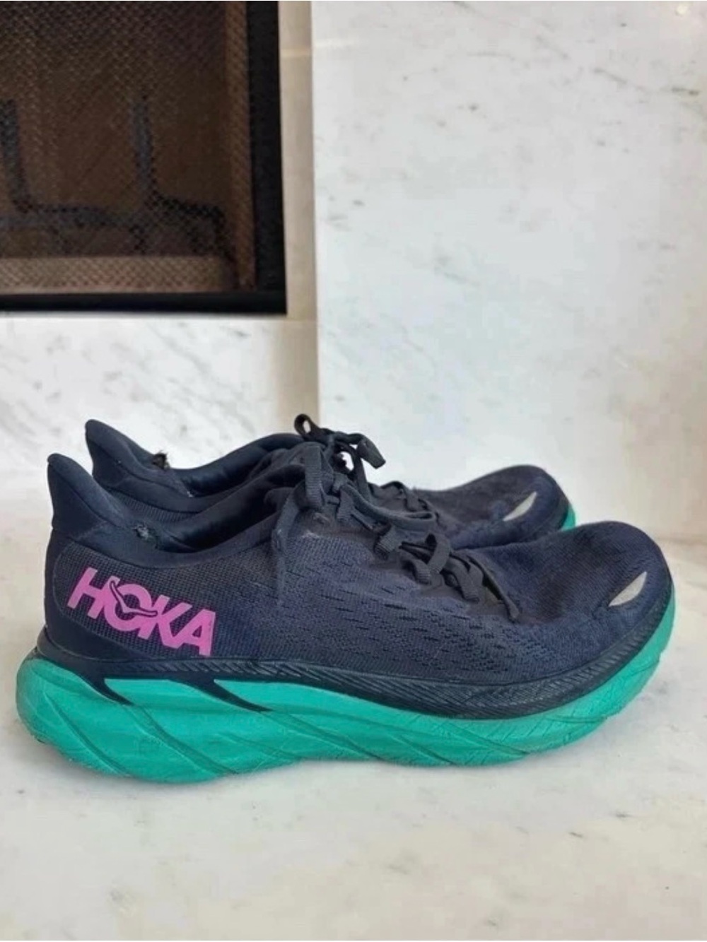 Hoka Clifton 8 Woman’s size 8 Navy Teal Pink Running Sneakers Tennis shoes